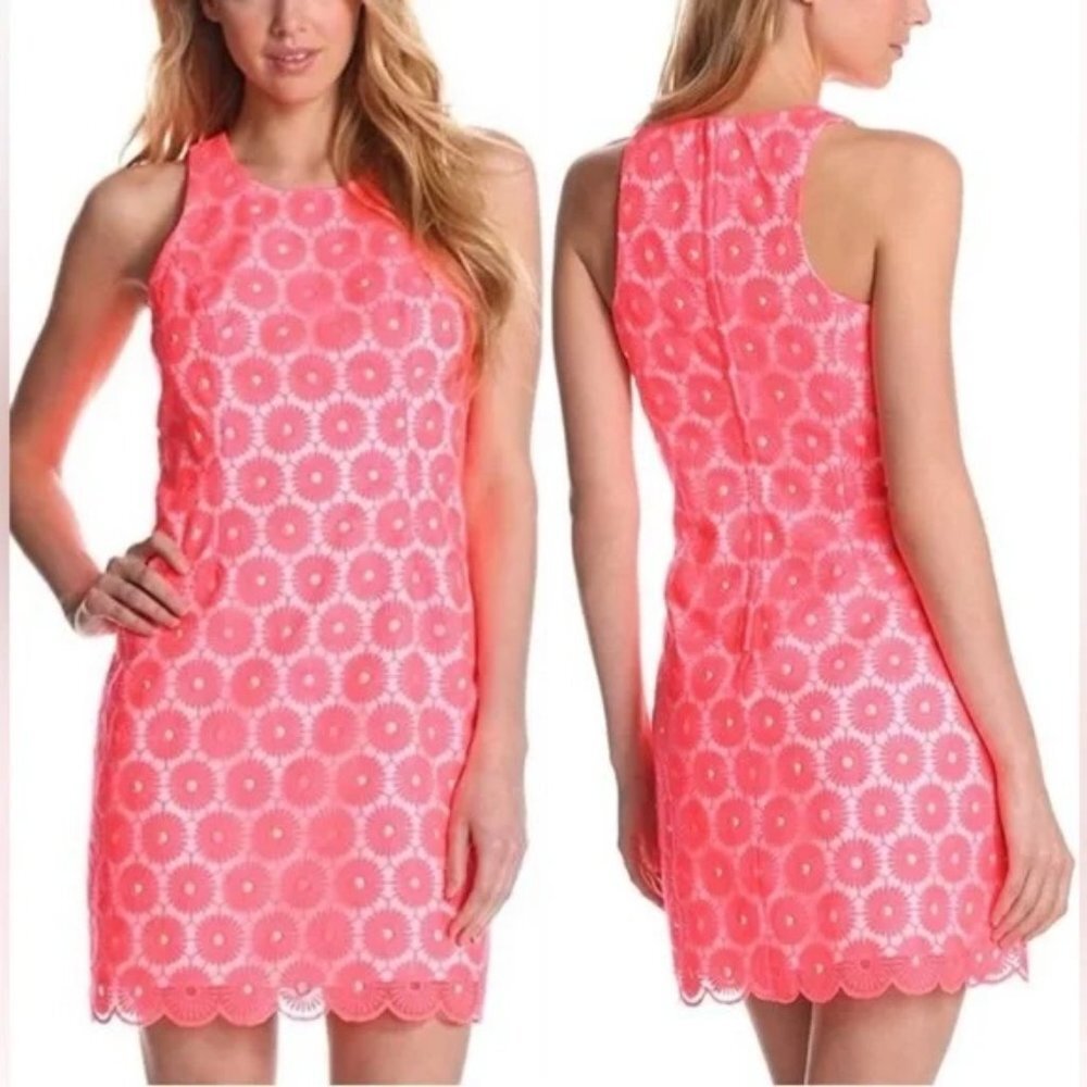 Lilly Pulitzer‎ Pearl Sheath Dress Fluorescent Fiesta Pink Pinwheel Organza 2